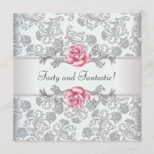Womans Pink Rose Damask 40th Birthday Party Invitation
