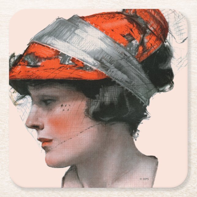 Woman's Profile Square Paper Coaster (Front)