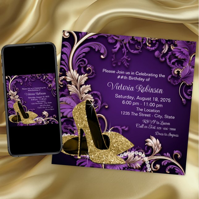 Womans Purple Gold Shoe Birthday Party Invitation (Purple gold shoe any event invitation. Instant download and printed invitations available.)