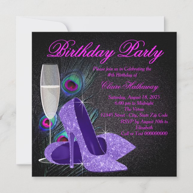 Womans Purple Peacock Birthday Party Invitation (Front)