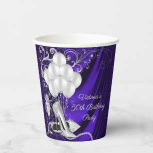 Womans Purple Silver Birthday Party Paper Cups