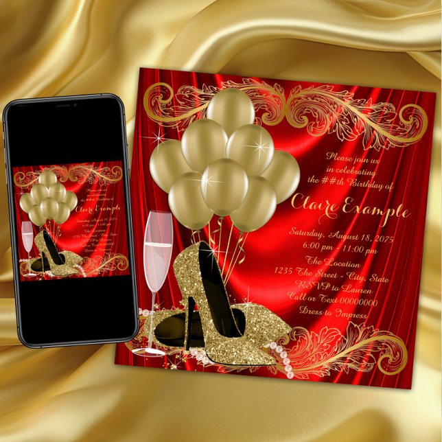 Womans Red and Gold Birthday Party Glam Invitation (Womans red and gold birthday party invitation with gold high heel shoes, pearls and balloons.)