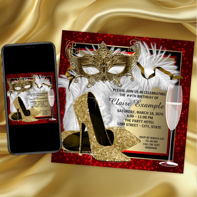 Womans Red and Gold Masquerade Birthday Party Invitation (Womans red gold masquerade party invitation with mask and high heel shoes. Download and printed.)