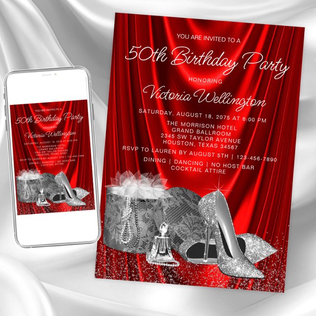Womans Red Silver Shoe Any Number Birthday Invitation (Womans red silver any number birthday invitation. Instant download and printed invitations available)