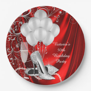 Womans Red Silver Shoe Birthday Party Paper Plates