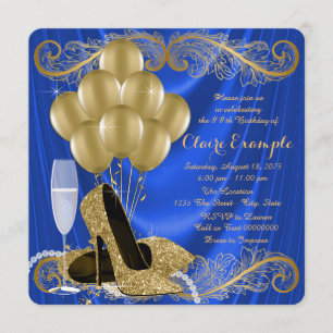 Womans Royal Blue and Gold Birthday Party Glam Invitation