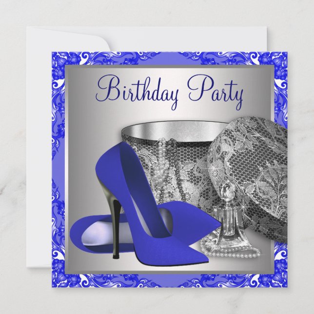 Womans Royal Blue and Silver Birthday Party Invitation (Front)