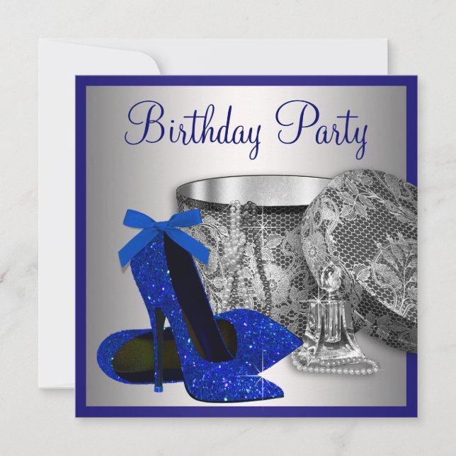 Womans Royal Blue and Silver Birthday Party Invitation (Front)