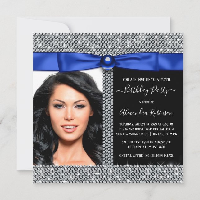 Womans Royal Blue Diamond Photo Birthday Party Invitation (Front)