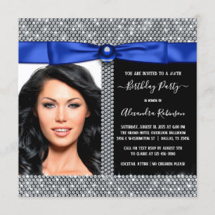 Womans Royal Blue Diamond Photo Birthday Party Invitation