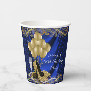 Womans Royal Blue Gold Birthday Party Paper Cups