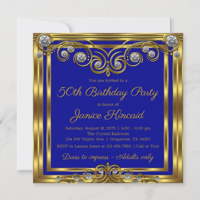 Womans Royal Blue Gold Diamond Birthday Party Invitation (Front)