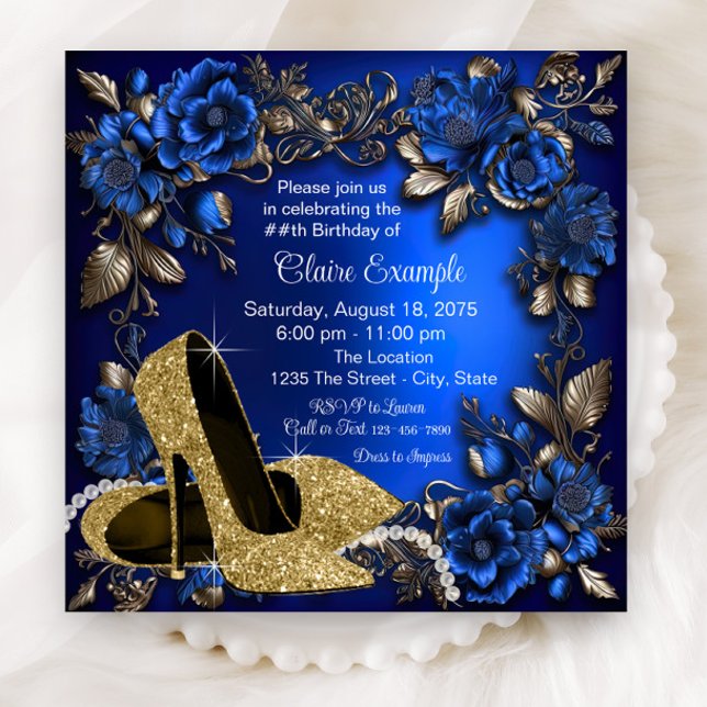 Womans Royal Blue Gold Shoe Birthday Party Invitation (Elegant royal blue gold floral shoe any number birthday party and event invitation.)