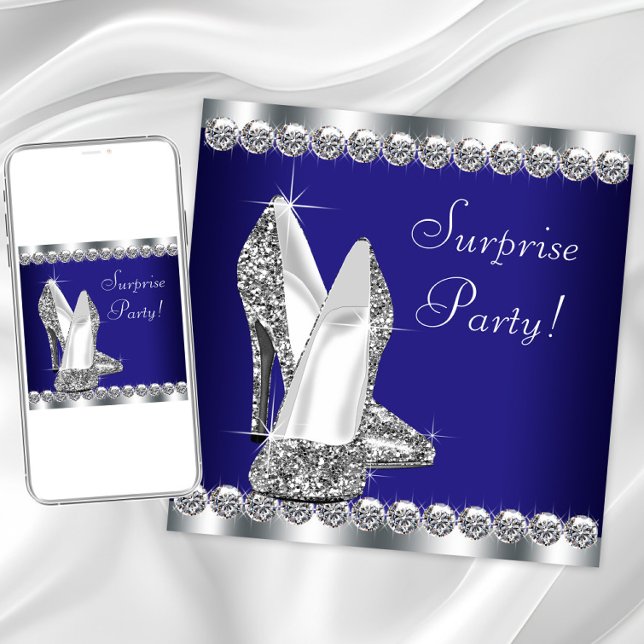 Womans Royal Blue Surprise Birthday Party Invitation (Royal blue silver shoe any event invitation. Instant download and printed invitations available.)