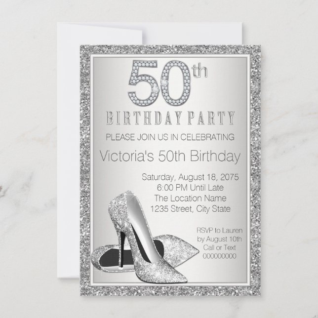Womans Silver Glitter High Heel Shoe 50th Birthday Invitation (Front)