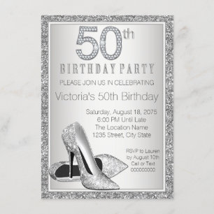 Womans Silver Glitter High Heel Shoe 50th Birthday Invitation