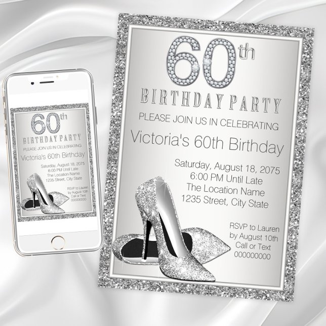 Womans Silver Glitter High Heel Shoe 60th Birthday Invitation (Womans elegant 60th birthday invitation. Instant download and printed invitations available,)