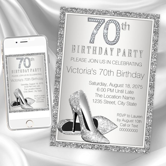 Womans Silver Glitter High Heel Shoe 70th Birthday Invitation (Womans 70th birthday party invitation. Instant download and printed invitations available.)
