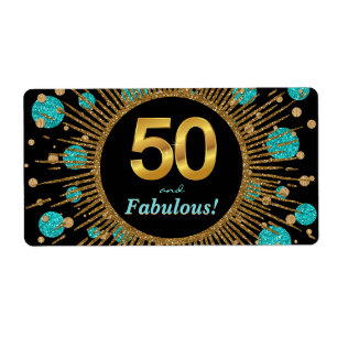Womans Teal 50th Birthday Party Water Bottle Label