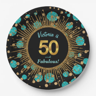Womans Teal Blue Gold 50th Birthday Party Paper Plate