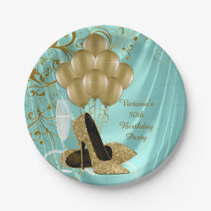 Womans Teal Gold Birthday Party Paper Plates