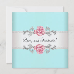 Womans Teal Pink Roses Elegant 40th Birthday Party Invitation