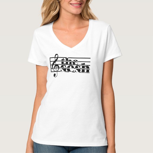 Woman's "the sesh" Musical Scale White V-neck T-Shirt (Front)