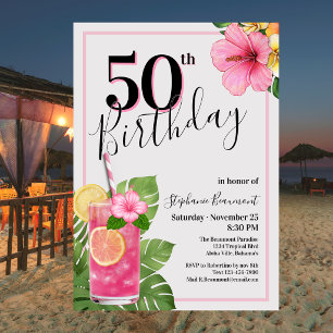Woman's Tropical Cocktail Flower 50th Birthday Invitation