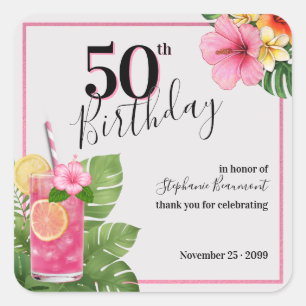 Woman's Tropical Cocktail Flower 50th Birthday Square Sticker