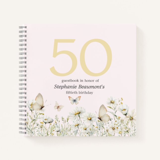 Woman's White Wildflower Simple 50th Birthday Notebook (Front)
