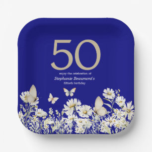 Woman's White Wildflower Surprise 50th Birthday Paper Plate