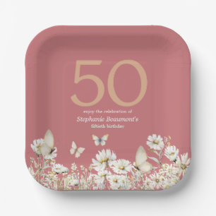 Woman's White Wildflower Surprise 50th Birthday Paper Plate