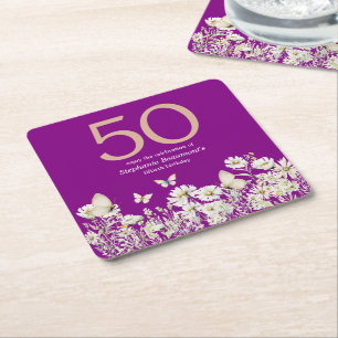 Woman's White Wildflower Surprise 50th Birthday Square Paper Coaster