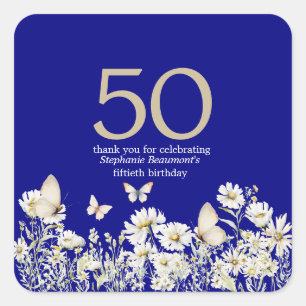 Woman's White Wildflower Surprise 50th Birthday Square Sticker