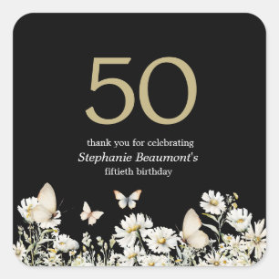 Woman's White Wildflower Surprise 50th Birthday Square Sticker