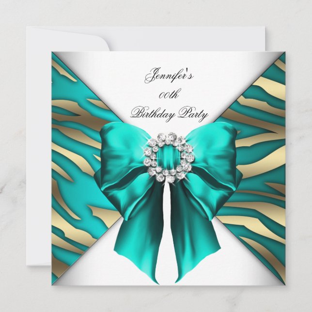 Woman's Zebra Teal Silver Birthday Party Invitation (Front)