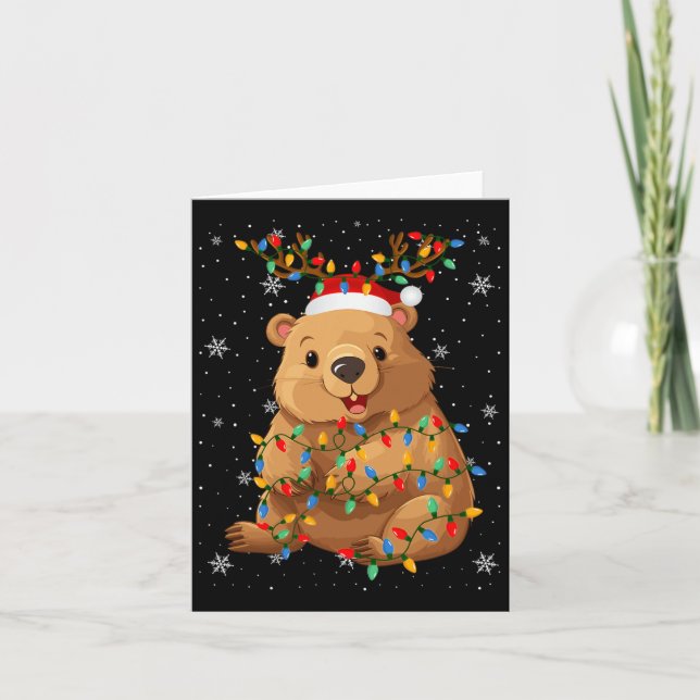 Wombat Animal Santa Hat Ugly Christmas Tree Lights Card (Front)