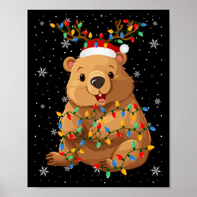 Wombat Animal Santa Hat Ugly Christmas Tree Lights Poster (Front)