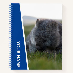 Wombat Australia Cute Animal eating Grass, Blue Notebook
