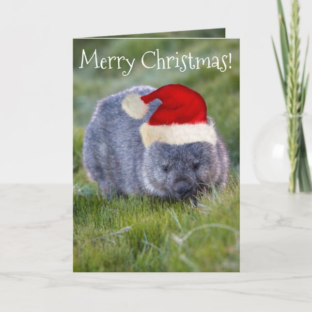 Wombat Australia Red Santa Hat Merry Christmas Card (Front)