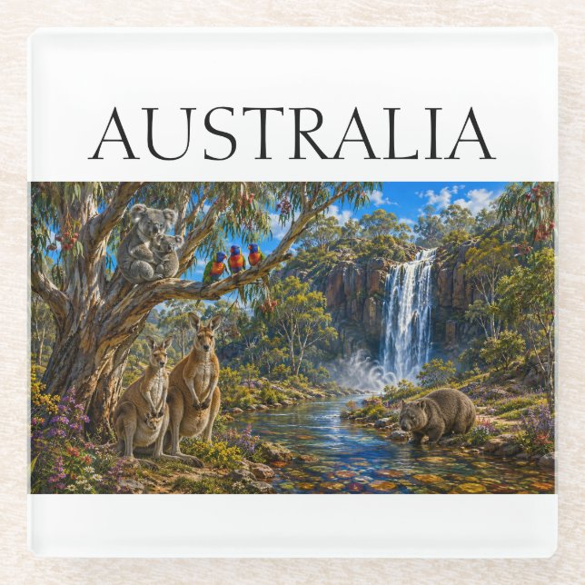 Wombat Kangaroo Waterfall Glass Coaster (Front)