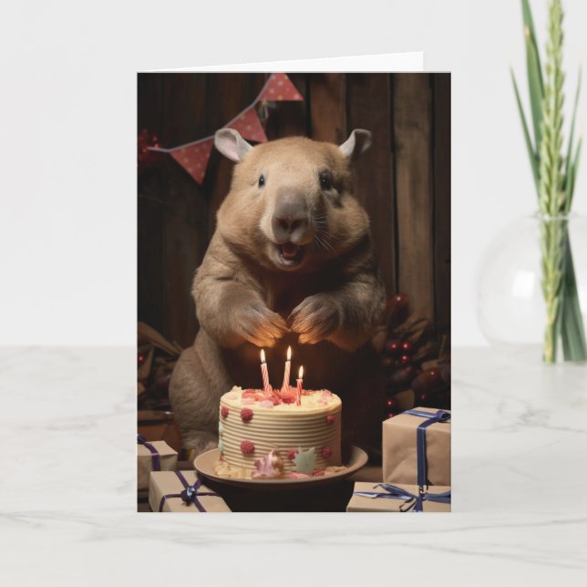 Wombat with a Birthday Cake - Card (Front)