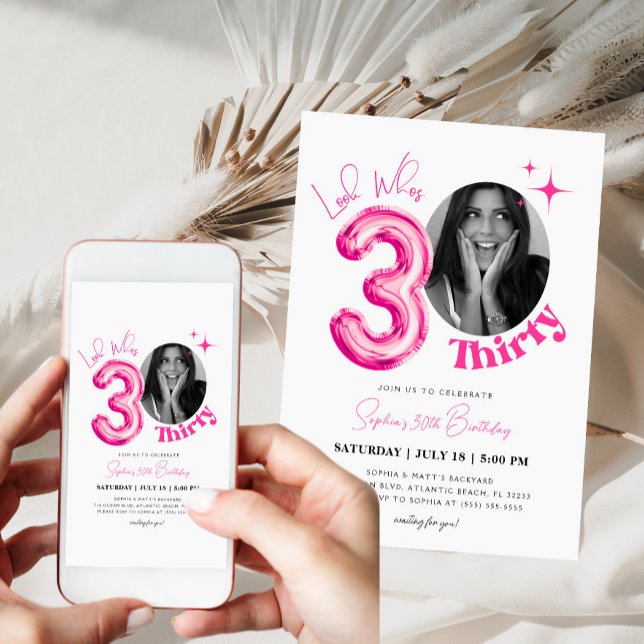 Women 30th Birthday Pink Ballon Modern Photo Invitation (Creator Uploaded)
