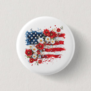Women 4th of July Floral American Flag Wildflowers 3 Cm Round Badge