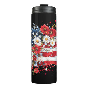 Women 4th of July Floral American Flag Wildflowers Thermal Tumbler