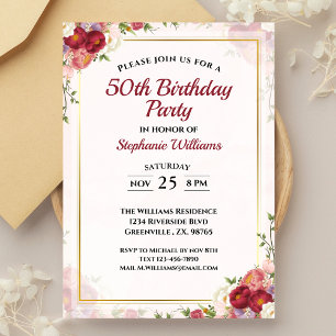 Women 50th Birthday Party Elegant Floral Bouquet  Invitation