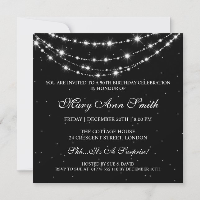 Women 50th Birthday Party Sparkling Chain Black Invitation (Front)