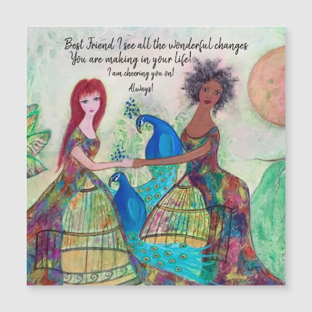 Women and Peacocks Whimsical Art Magnetic Card (Front)