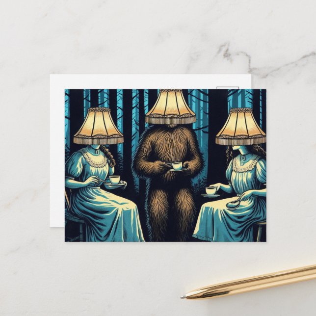 Women and Sasquatch in the Forest Lampshade Hats Postcard (Front/Back In Situ)