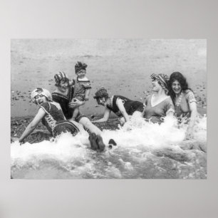 Women at Beach, Black and White, Old Photo Vintage Poster